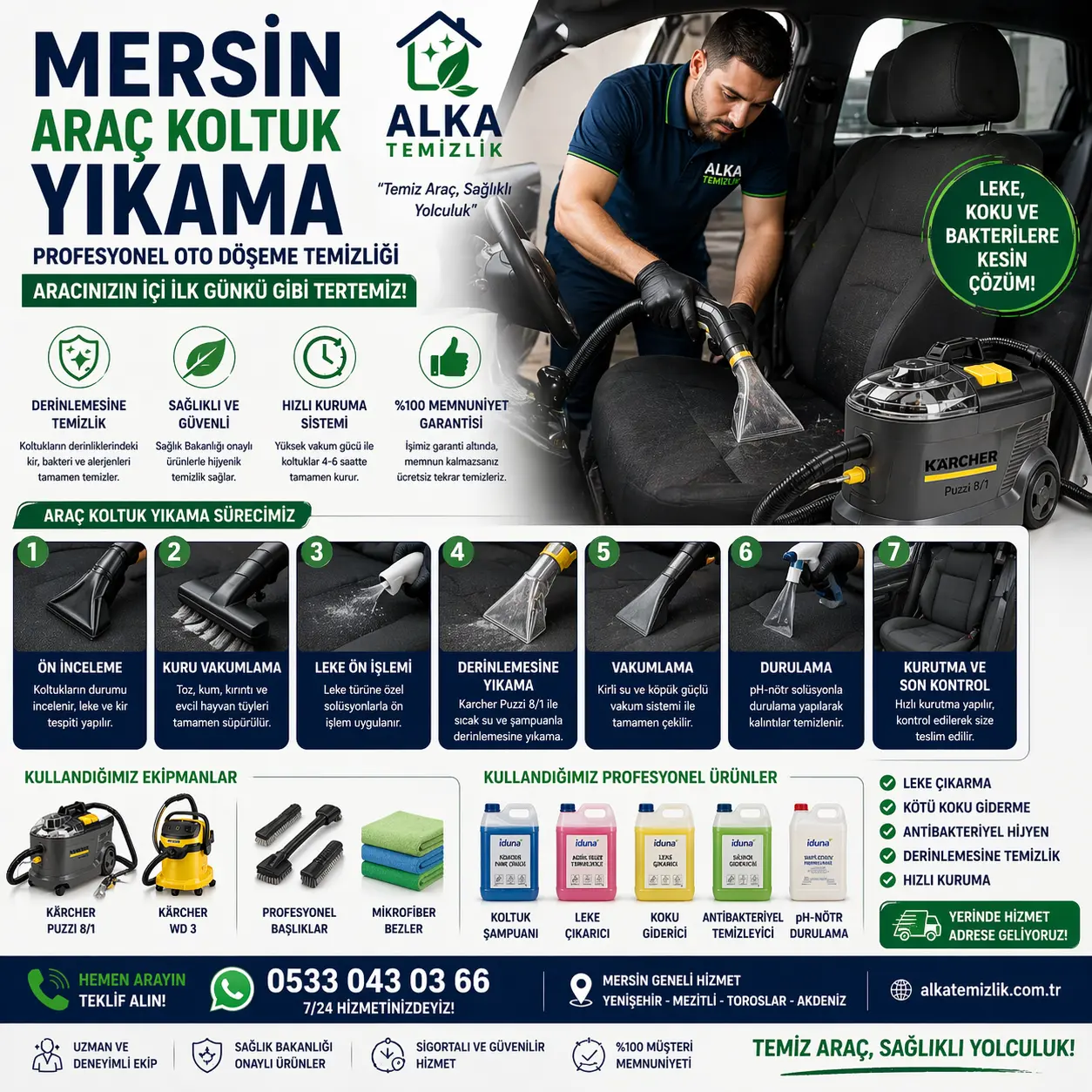 Mersin araç koltuk yıkama hizmetinde profesyonel oto döşeme temizliği yapan Alka Temizlik ekibi Karcher Puzzi makinesi kullanıyor