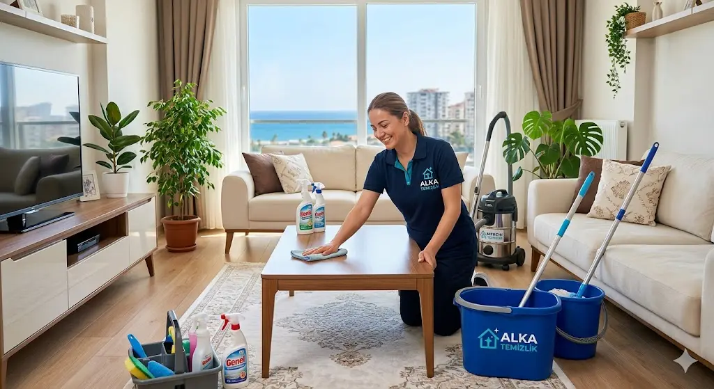 Mersin Alka Temizlik şirketinden profesyonel bir personelin deniz manzaralı modern bir salonda ev temizliği yapması.
