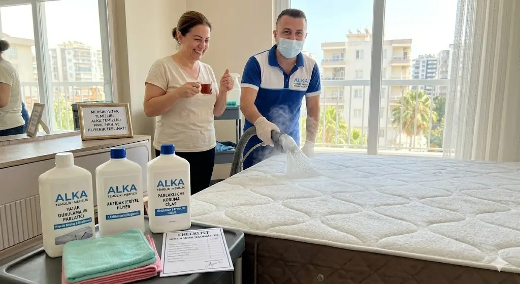 Mersin'de yatak temizliği sonrası tertemiz olmuş yatak ve mutlu müşteri Kader Hanım.