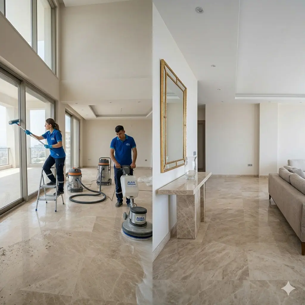 Mersin'de inşaat sonrası villa temizliği yapan profesyonel ekip ve zemin parlatma işlemi.