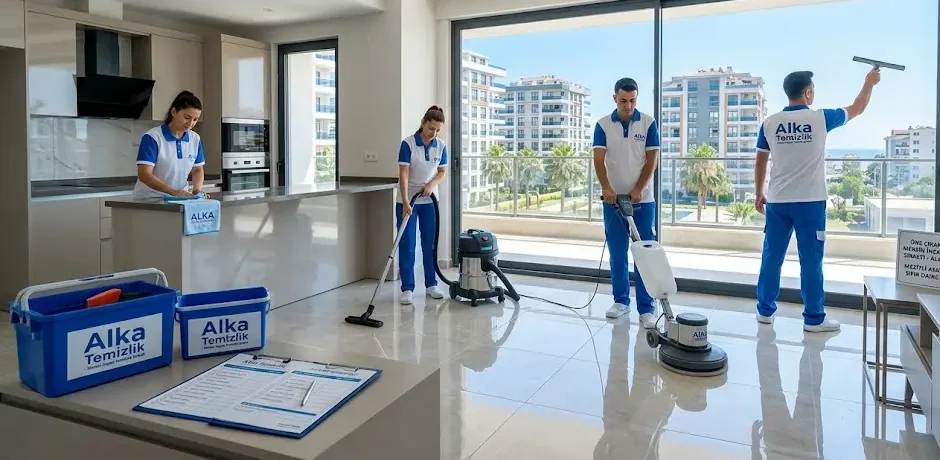Mersin inşaat temizlik şirketi Alka Temizlik ekibi sıfır dairede profesyonel temizlik yaparken.