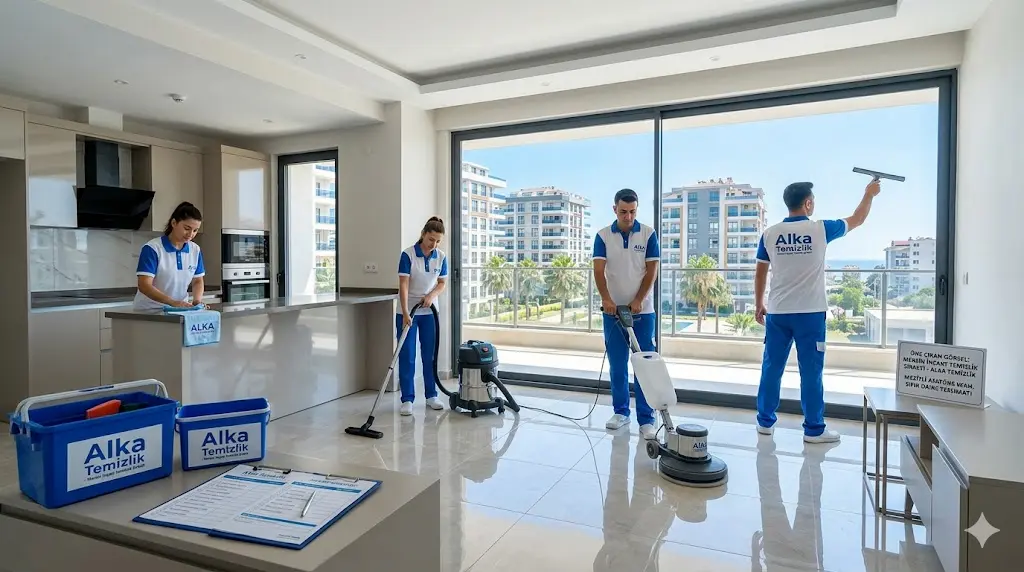 Mersin inşaat temizlik şirketi Alka Temizlik ekibi sıfır dairede profesyonel temizlik yaparken.
