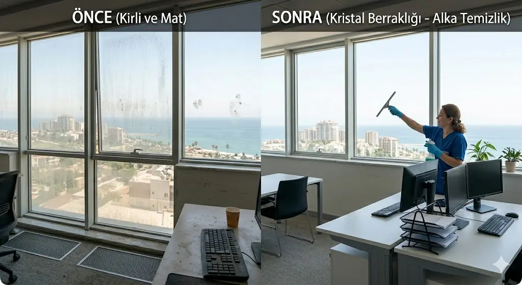 Mersin Alka Temizlik tarafından Royal Ofis İş Merkezi'nde gerçekleştirilen profesyonel ofis cam temizliği öncesi ve sonrası görünümü.