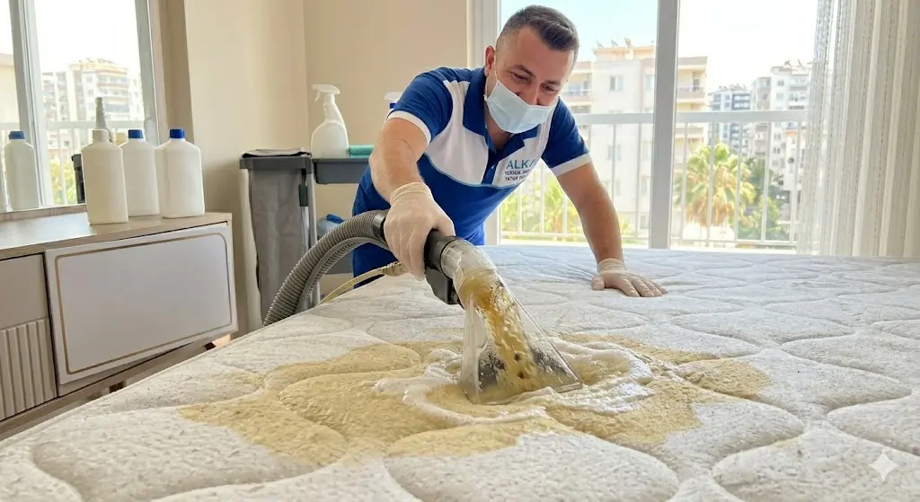 Alka Temizlik personeli Mersin'de çift kişilik yatağa yüksek çekim gücüyle vakumlama ve leke çıkarma işlemi yaparken.