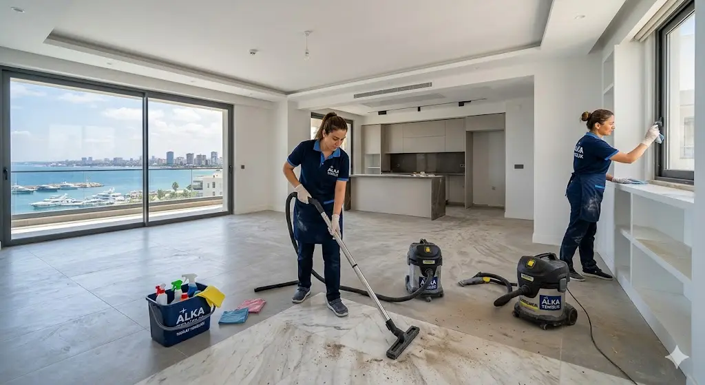 Mersin Alka Temizlik ekibi tarafından yeni tadilat yapılmış modern bir dairede profesyonel inşaat sonrası temizlik çalışması.