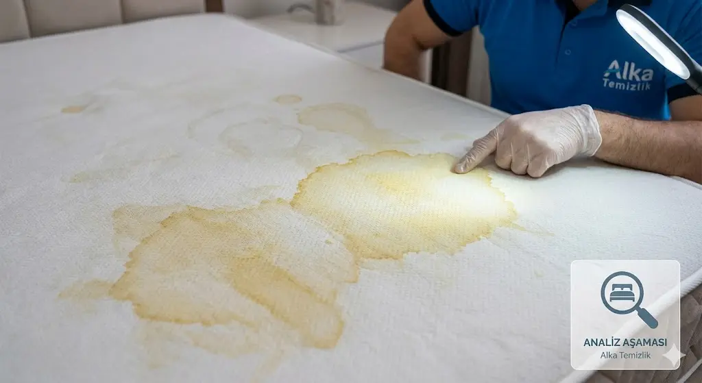 Mersin Alka Temizlik uzmanı tarafından yatak üzerindeki sarı idrar lekesinin yerinde analizi.