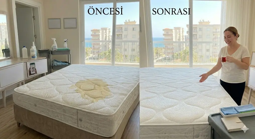 Mersin'de yatak yıkama öncesi idrar lekesi ve temizlik sonrası bembeyaz yatak karşılaştırması.