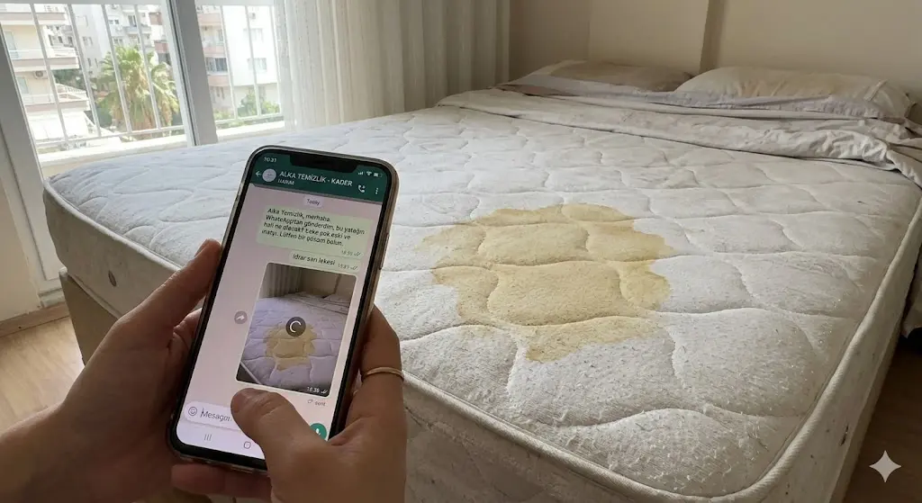 Mersin'de bir müşterinin WhatsApp üzerinden Alka Temizlik'e gönderdiği idrar lekeli yatak fotoğrafı.