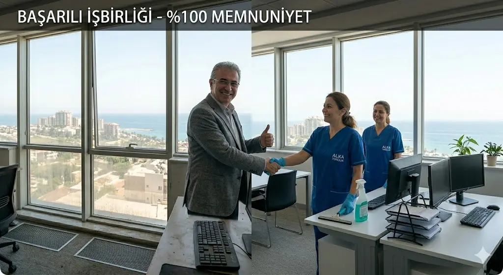 Mersin Royal Ofis İş Merkezi'nde Alka Temizlik ekibi çalışırken işletme sahibi Murat Bey'in memnuniyet onayı.