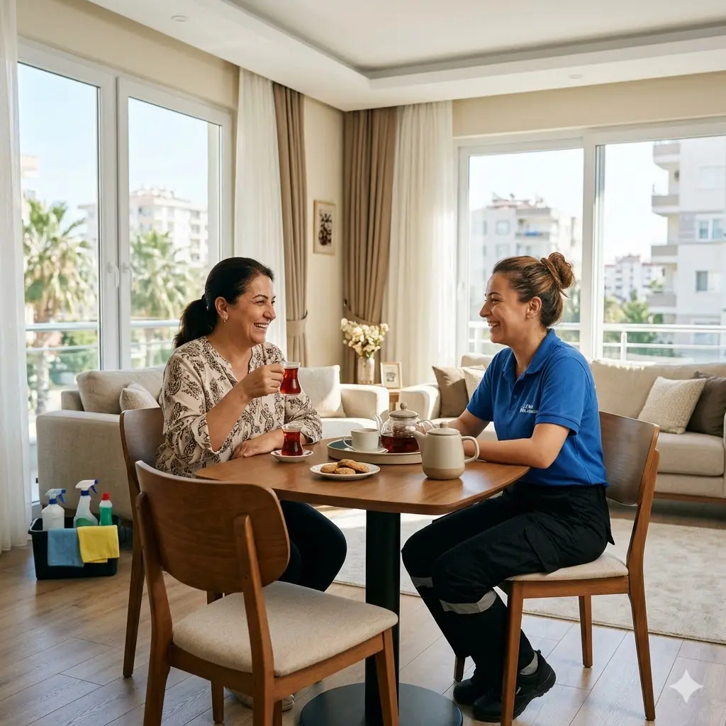 Mersinli müşterimiz Ayşe Hanım ile temizlik sonrası çay sohbeti; güven odaklı Alka Temizlik hizmeti.