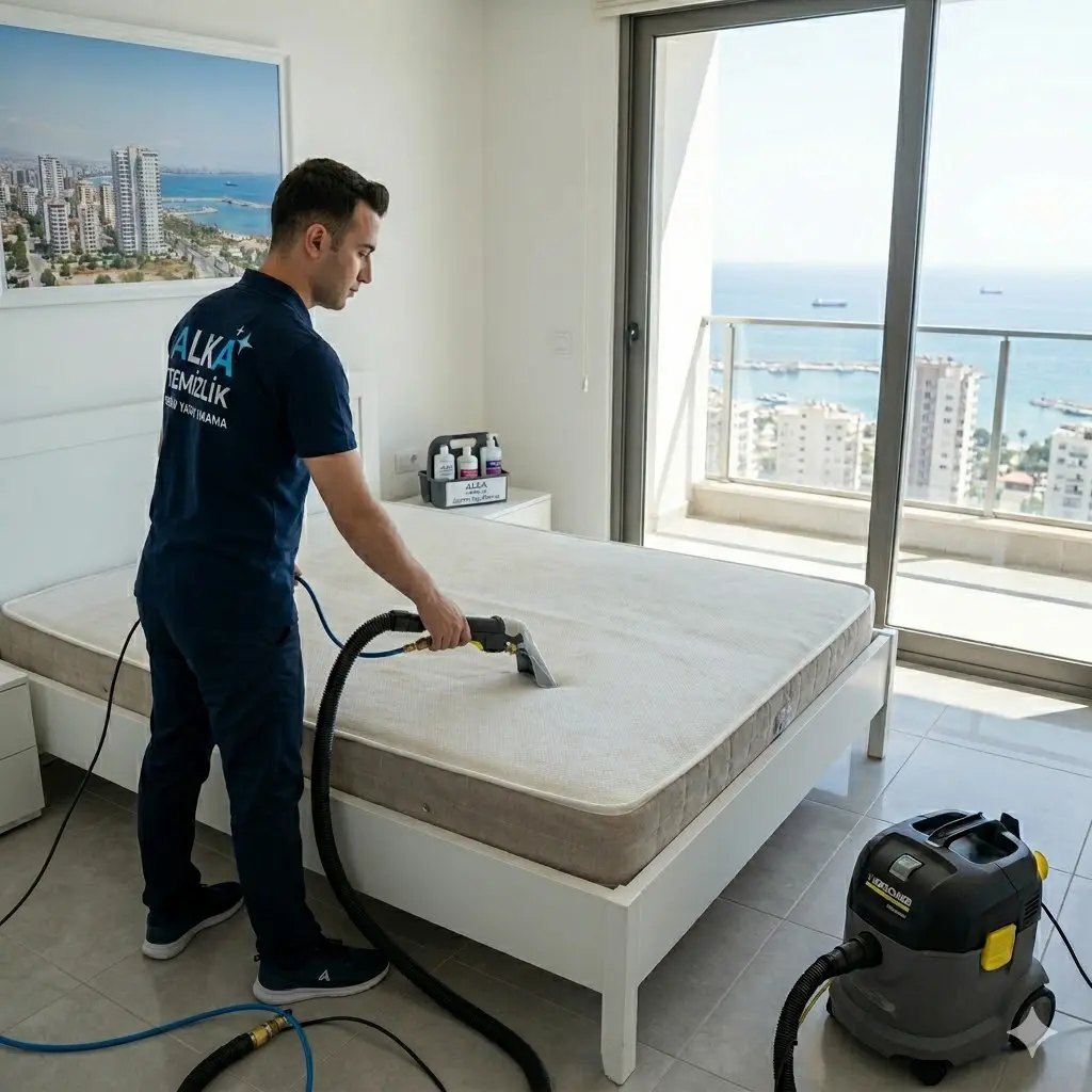 Mersin Alka Temizlik personeli tarafından profesyonel Karcher vakum makinesi kullanılarak gerçekleştirilen yerinde yatak yıkama ve dezenfeksiyon işlemi