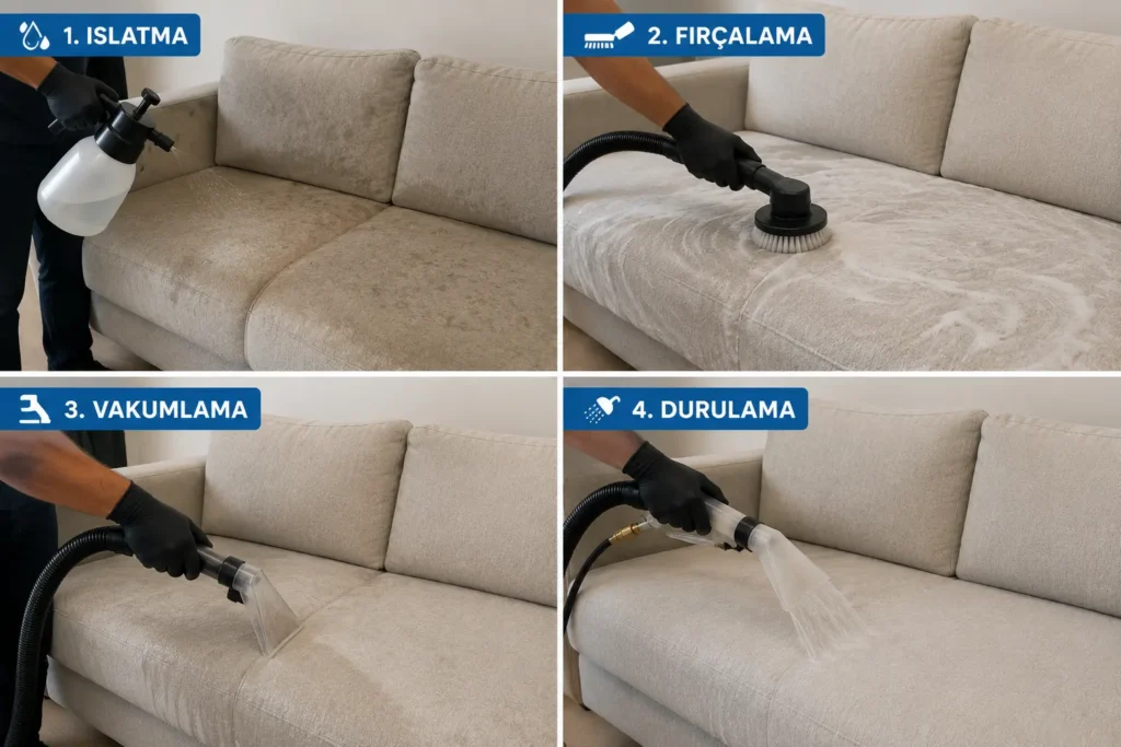 Mersin koltuk yıkama aşamaları: ıslatma, fırçalama, vakumlama, durulama - Alka Temizlik