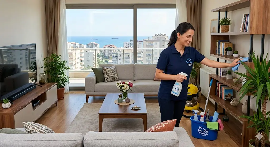 Mersin Alka Temizlik personeli tarafından deniz manzaralı, modern eşyalı bir evde yapılan detaylı toz alma ve genel temizlik çalışması.