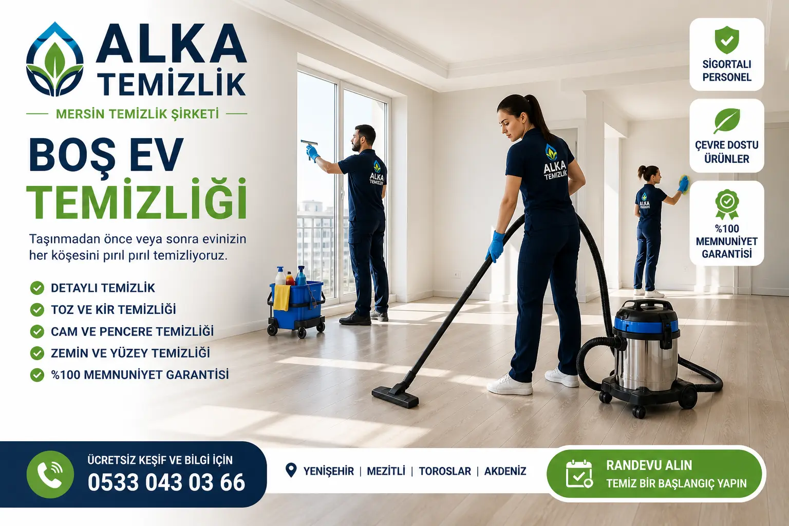 Boş bir evde profesyonel temizlik ekibi zemin, cam ve yüzeyleri detaylı şekilde temizlerken
