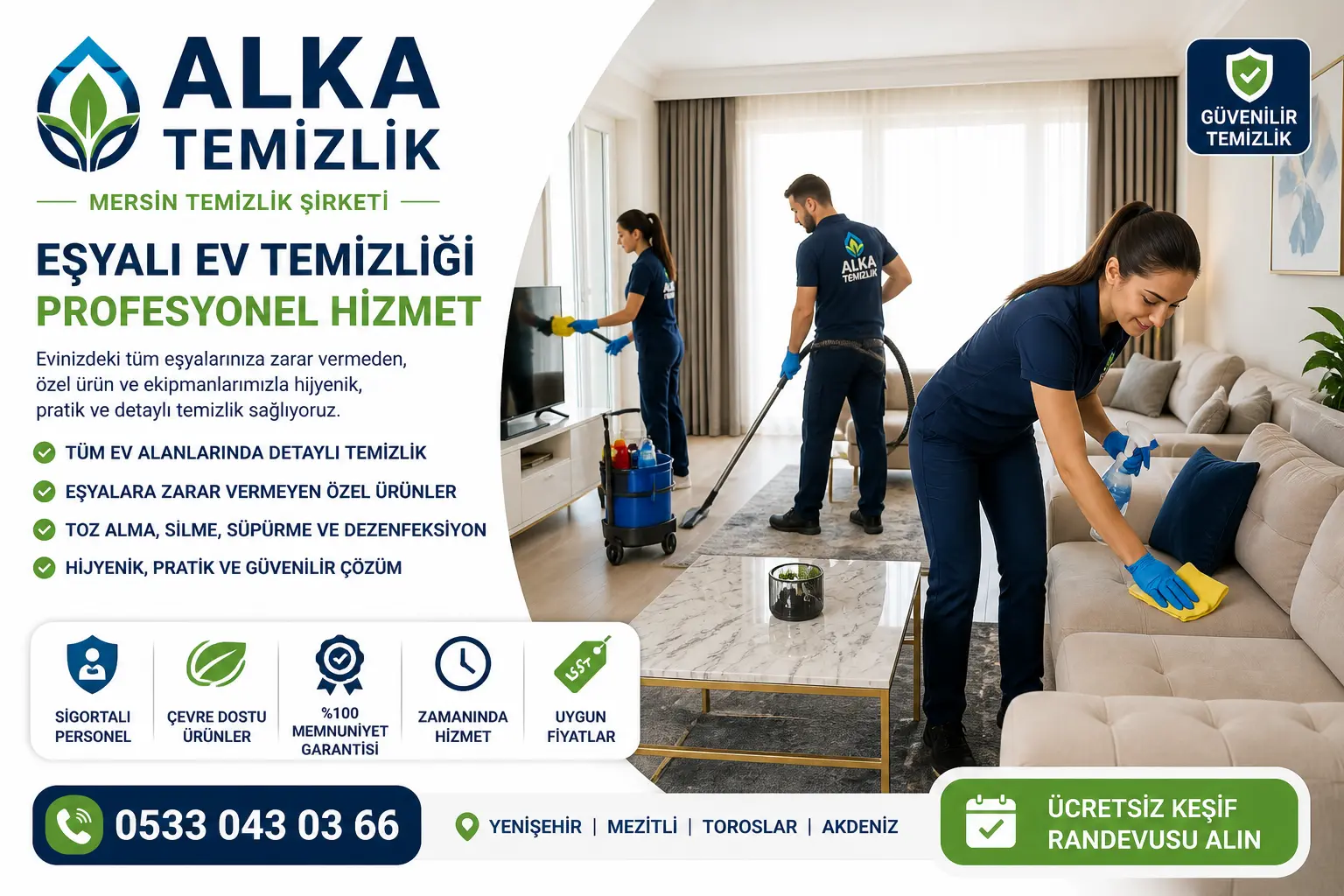 Eşyaların bulunduğu bir evde profesyonel temizlik ekibi koltuk, zemin ve yüzeyleri detaylı şekilde temizlerken