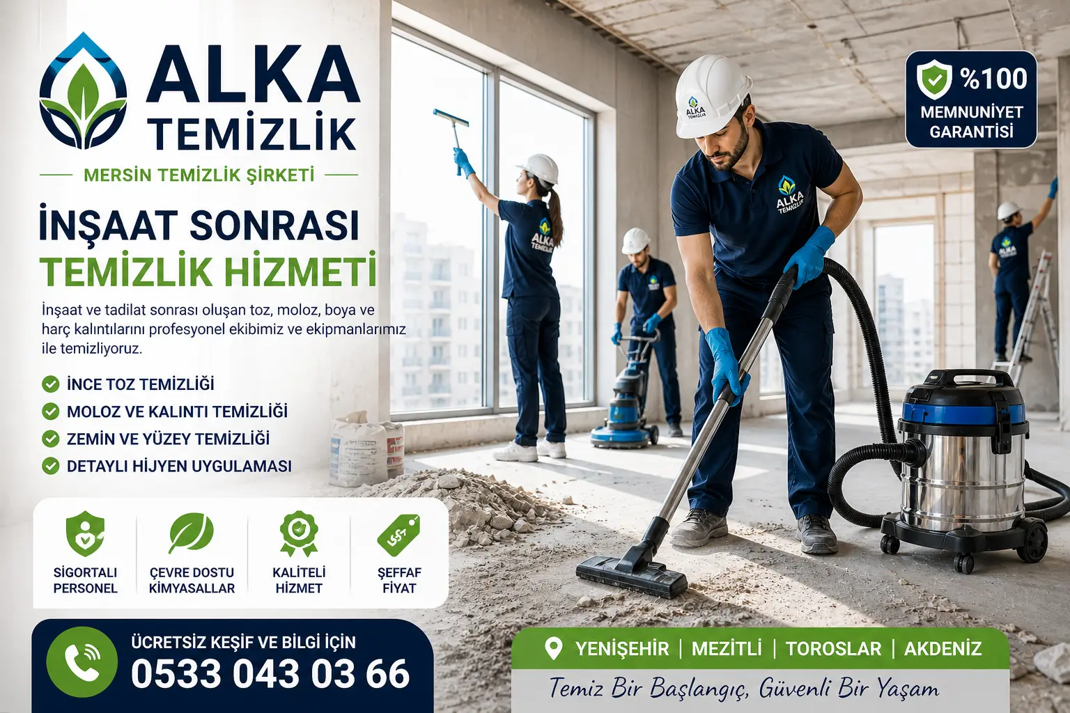 İnşaat sonrası oluşan toz ve molozları profesyonel ekipmanlarla temizleyen temizlik ekibi modern bir dairede çalışırken