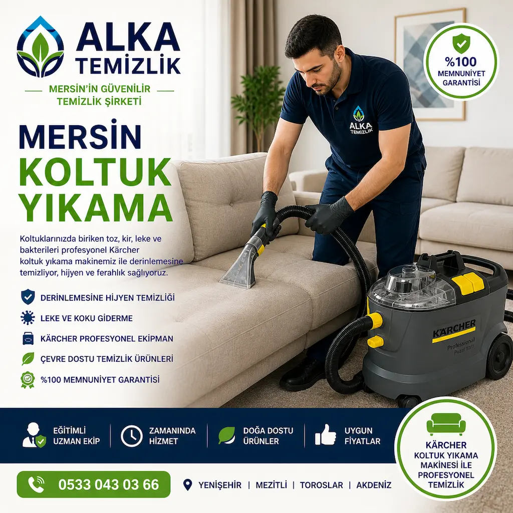 Mersin koltuk yıkama hizmeti veren Alka Temizlik ekibi Karcher koltuk yıkama makinesi ile koltuk temizliği yaparken