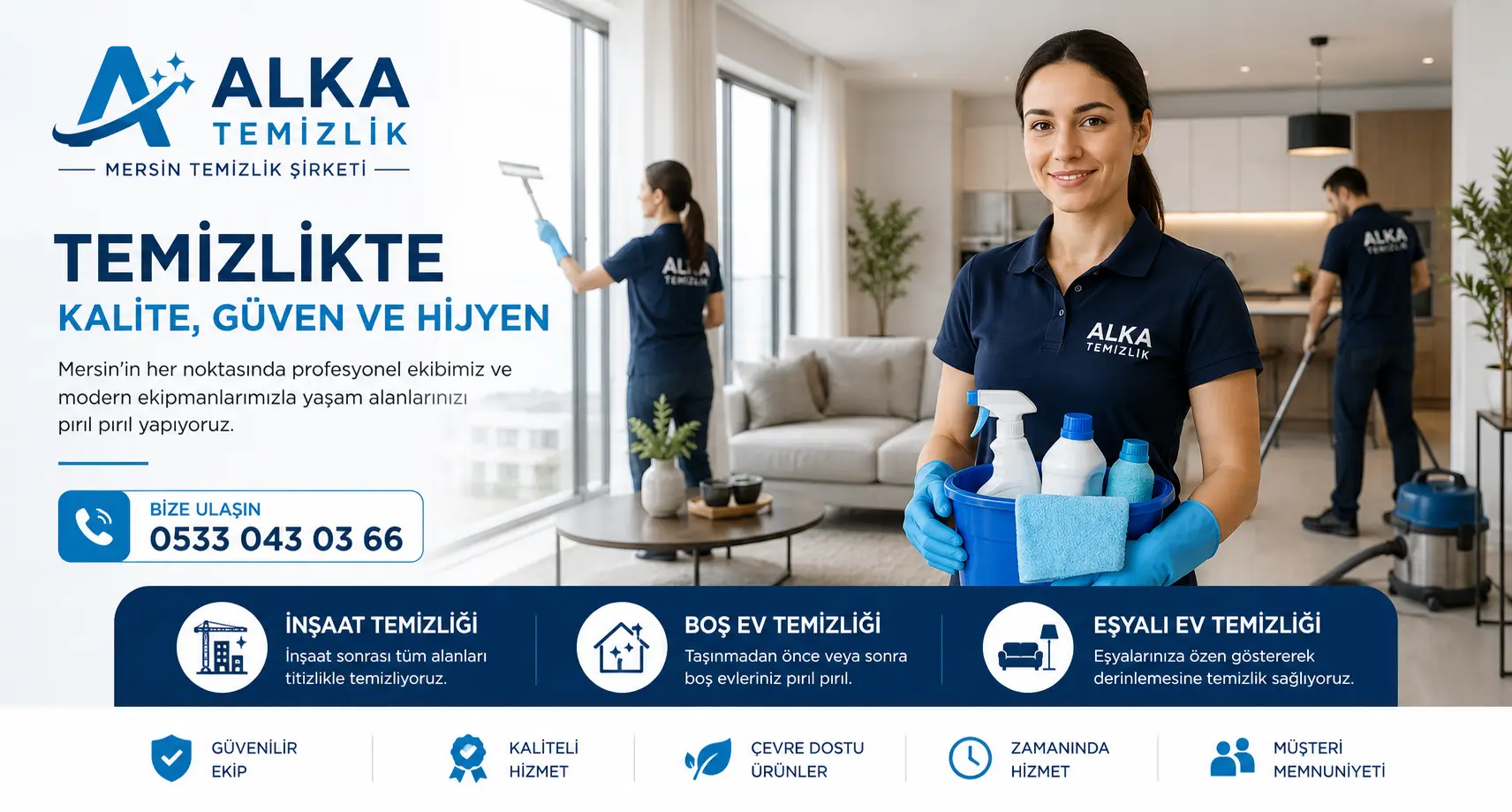Mersin temizlik şirketleri arasında hizmet veren Alka Temizlik ekibi, ev içinde profesyonel ekipmanlarla inşaat sonrası, boş ev ve eşyalı ev temizliği yapmaktadır
