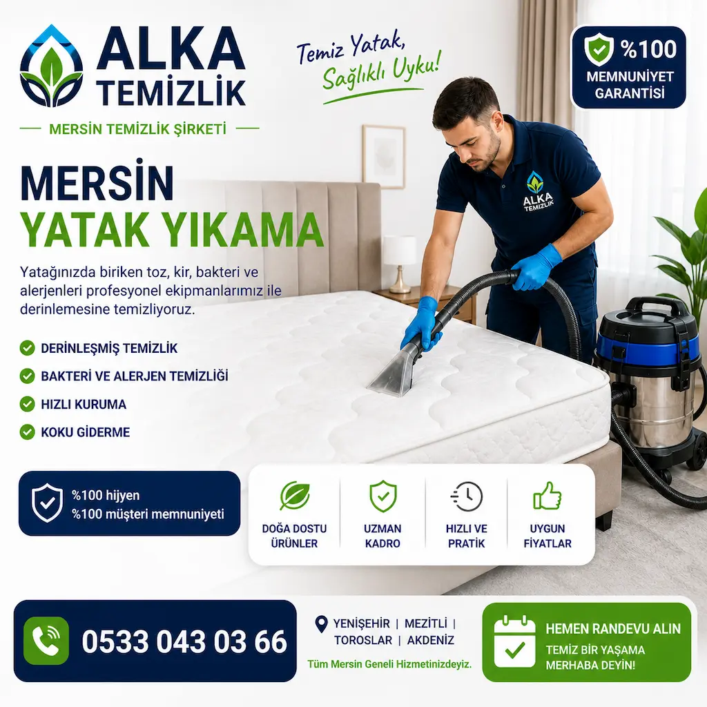 Mersin yatak yıkama makinesi ile yatak temizliği yaparken.