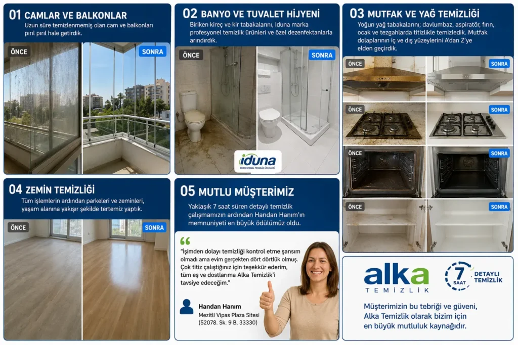 Mezitli Vipas Plaza Sitesi 3+1 ev temizliği, Alka Temizlik mutfak yağ ve banyo kireç temizliği sonuçları.