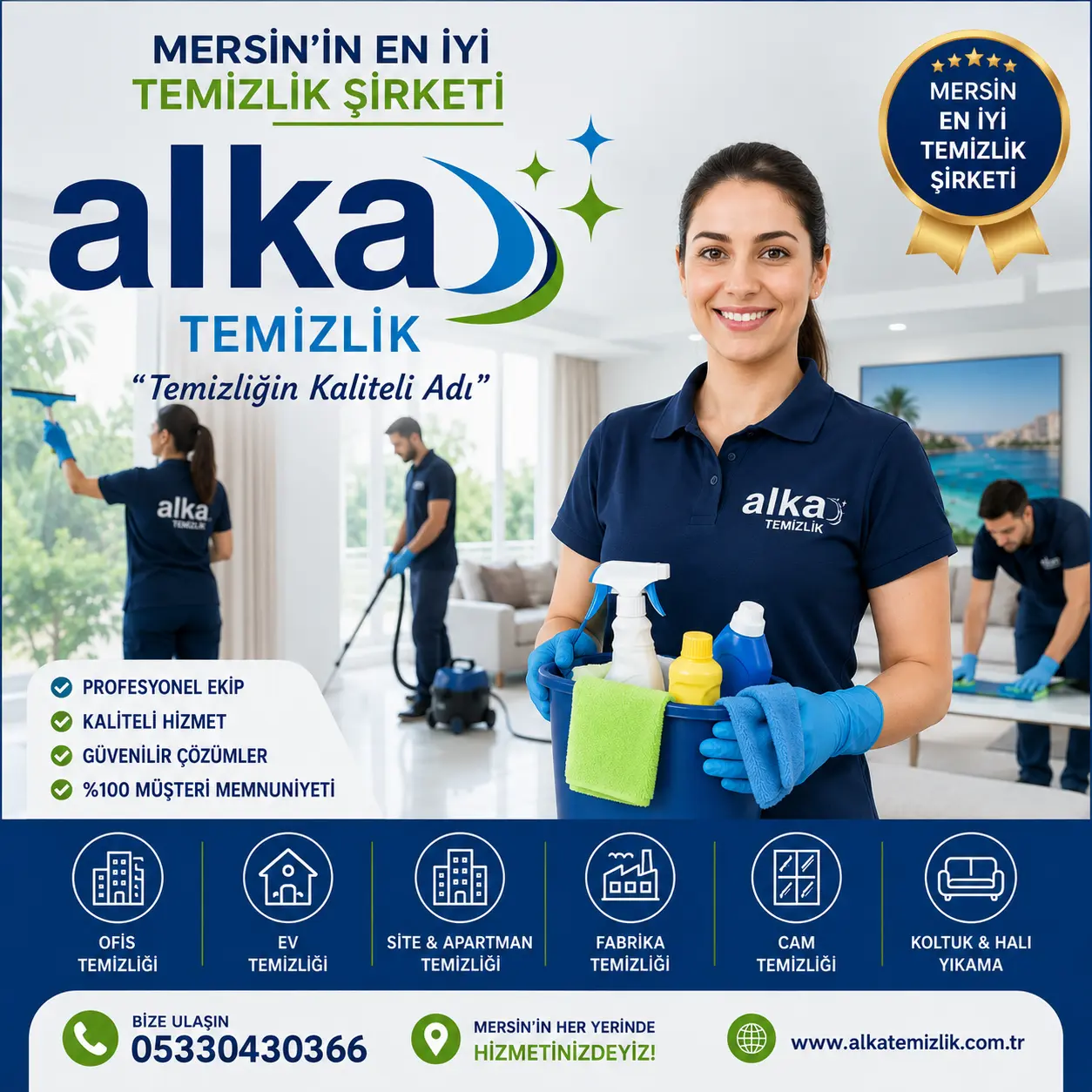 Mersin Yenişehir'de hizmet veren Alka Temizlik personeli, modern ve manzaralı bir dairenin oturma odasında profesyonel temizlik yaparken gülümsüyor.