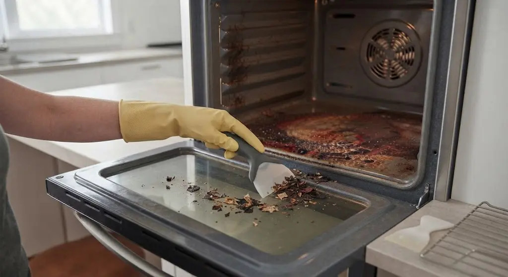 Fırın zeminindeki yanmış yağ ve kalıntıları, emaye yüzeyi çizebilecek metal aletler yerine, plastik bir spatula ile nazikçe kazıyarak temizliyoruz.