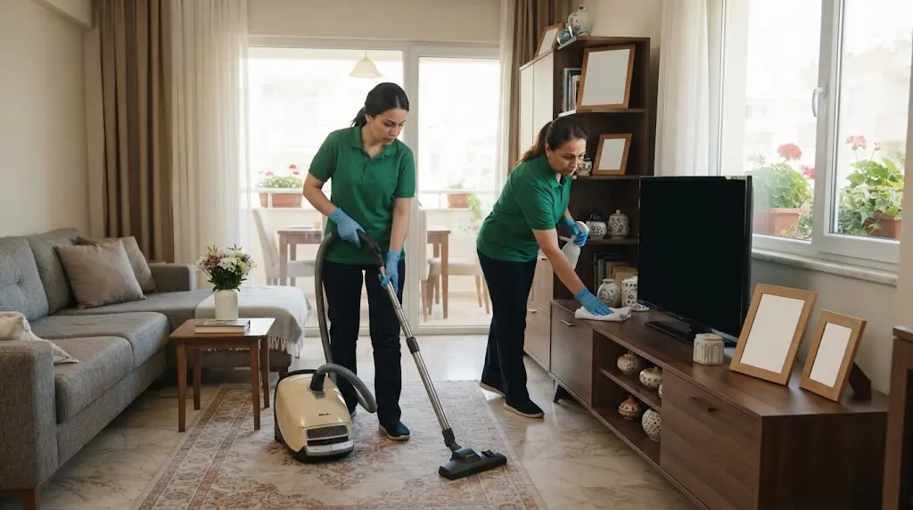 Mersin ev temizlik şirketi: salonda halı süpürme ve toz alma