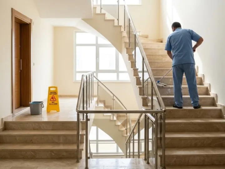 Mersin apartman temizliği sırasında mermer merdiven basamaklarını paspaslayan görevli