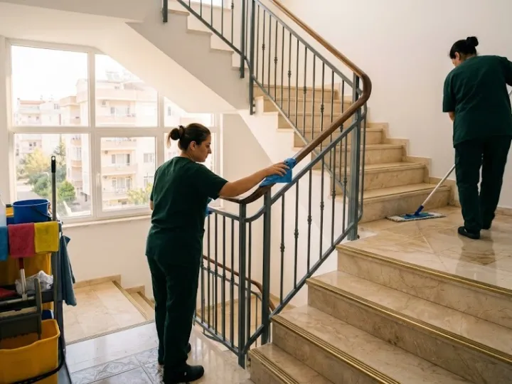 Mersin apartman ve site temizliği sırasında aydınlık bir bina merdiveninde basamakları temizleyen iki kişilik ekip