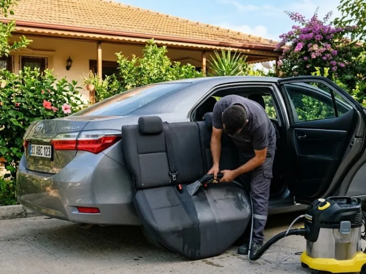 Mersin araç koltuğu yıkama sırasında açık kapıdan kumaş arka koltuğu ıslak vakumla yıkayan görevli