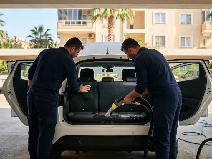 Mersin'de araç koltuk yıkama sırasında aracın arka koltuğunu temizleyen ekip