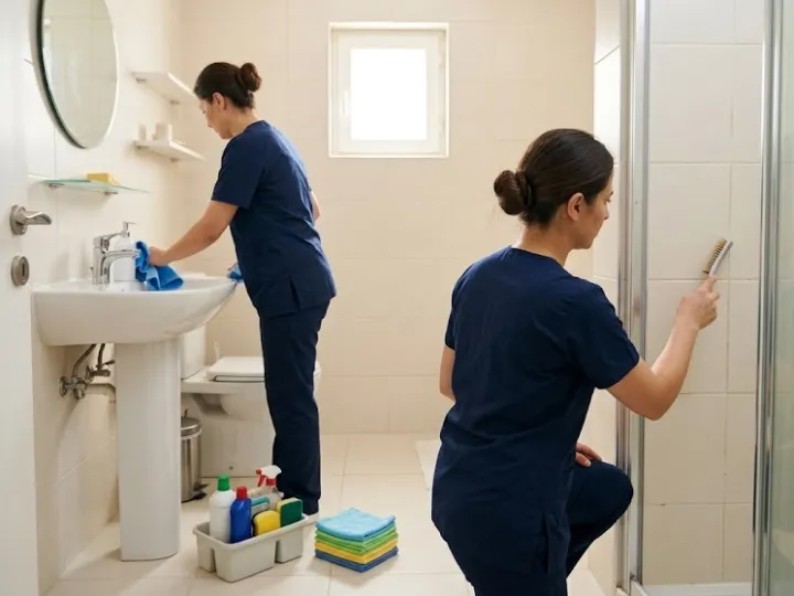 Sade iş kıyafetli ekip, Mersin'de aydınlık bir evde banyo ve fayans temizliği yaparak derz aralarını fırçalıyor