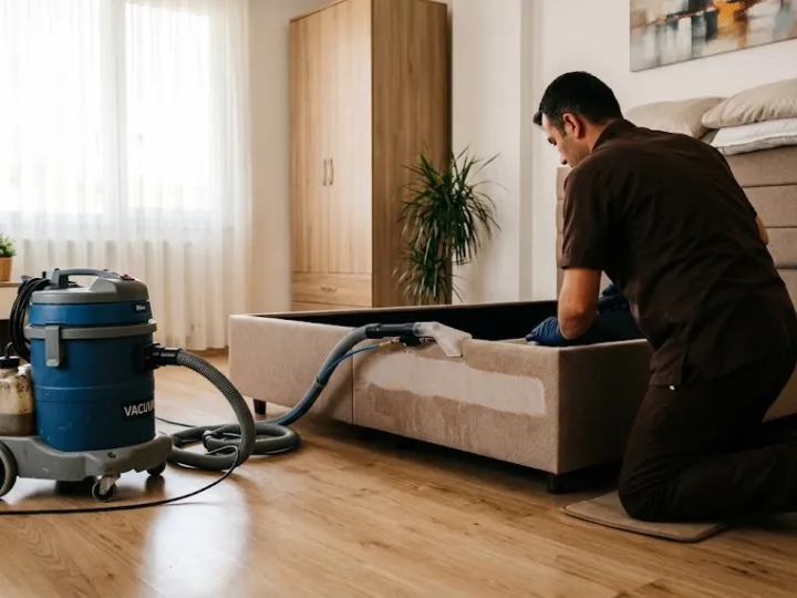 Mersin baza döşemesi temizliği sırasında sandıklı bazanın kumaş kenarını ıslak vakumla yıkayan görevli
