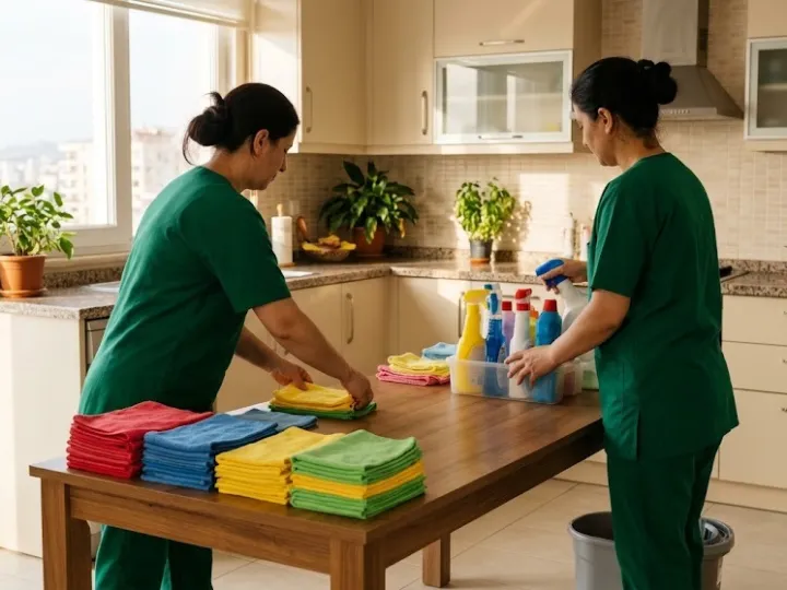Sade iş kıyafetli ekip, Mersin'de bir evde renk kodlu bezleri ayırarak çalışma ilkelerine uygun şekilde temizliğe hazırlanıyor