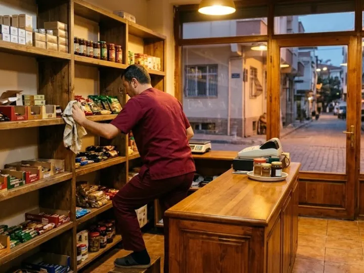 Mersin dükkan temizliği sırasında küçük bir dükkânın ahşap raflarını silen görevli