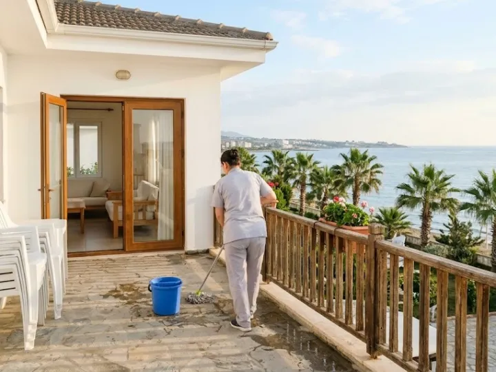 Erdemli temizlik şirketi görevlisinin sahil kenarındaki yazlığın balkonunu temizlediği an