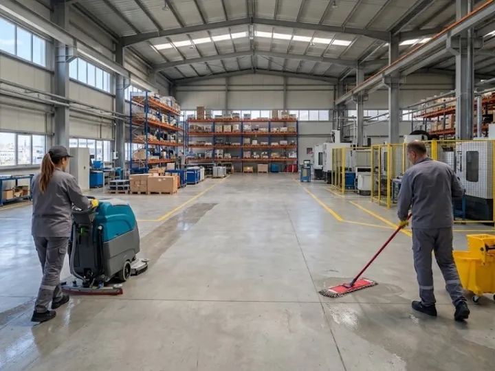 Mersin fabrika temizliği sırasında geniş üretim alanı zeminini temizleyen görevliler
