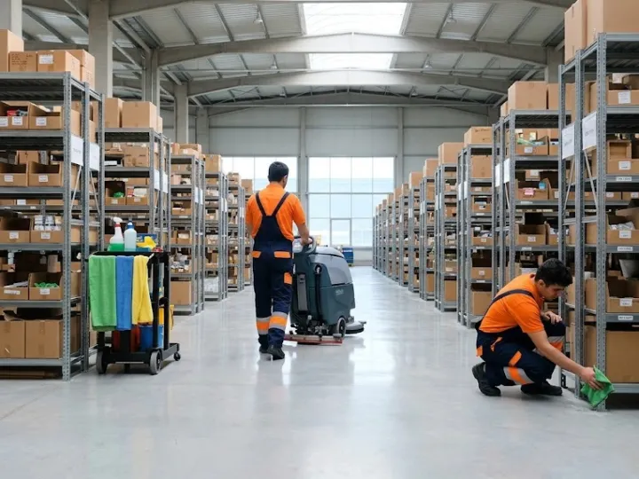 Mersin fabrika ve depo temizliği sırasında geniş bir depoda endüstriyel süpürgeyle zemini temizleyen iki kişilik ekip