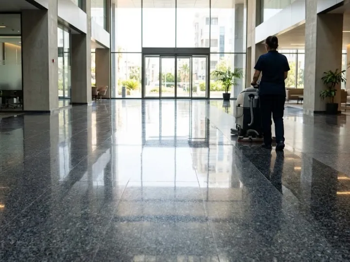 Mersin granit zemin temizliği sırasında iş merkezi lobisinde koyu granit zemini silen görevli