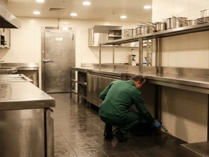 Mersin işyeri ilaçlama sırasında kapanış sonrası restoran mutfağında uygulama yapan görevli