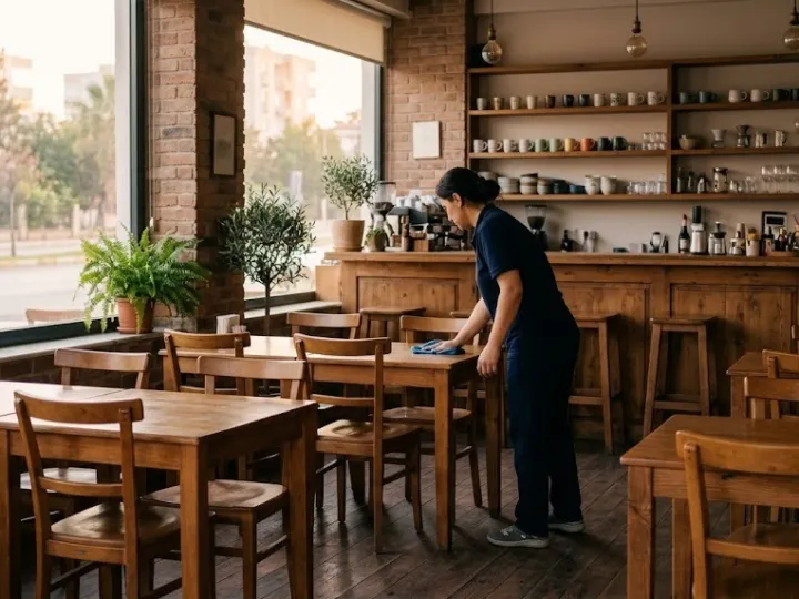 Mersin kafe temizliği sırasında açılış öncesi kafe masalarını silen görevli