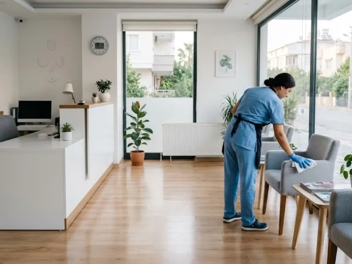 Mersin klinik temizliği sırasında aydınlık bekleme salonunda koltuk kolçaklarını silen görevli