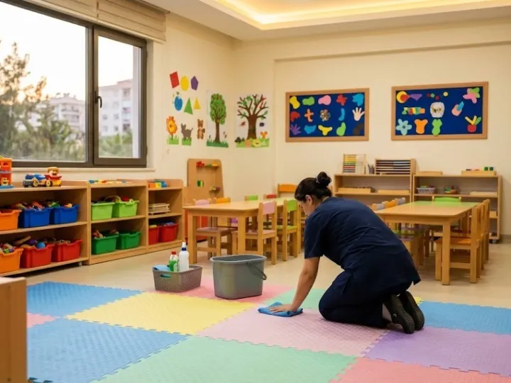 Mersin kreş temizliği sırasında boş kreş sınıfında renkli oyun matlarını silen görevli
