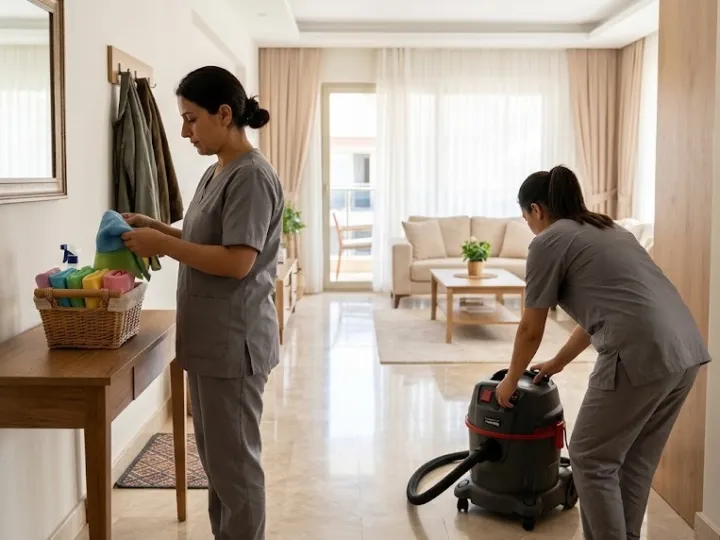 Sade iş kıyafetli ekip, Mersin'de aydınlık bir evin salonunda temizlik nasıl yapılıyor sorusunun cevabı olarak işe başlıyor
