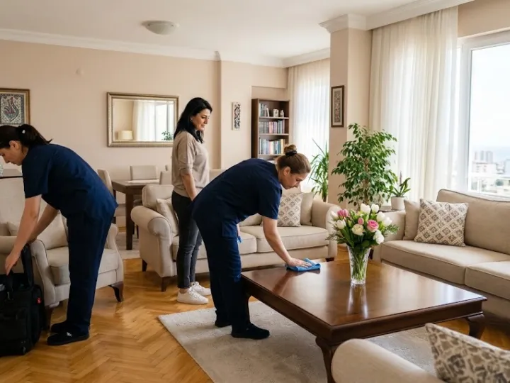 Sade iş kıyafetli iki kişilik ekip, Mersin'de aydınlık bir evde işi bitirip temizlenmiş salonu kontrol ediyor