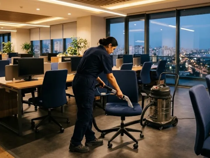 Mersin ofis koltuğu yıkama sırasında akşam boş ofiste kumaş çalışma koltuğunu yıkayan görevli