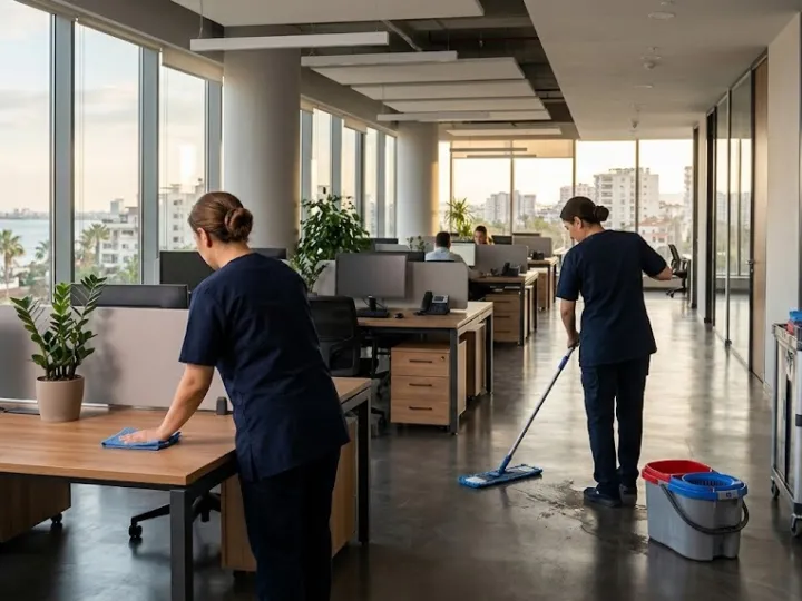 Mersin ofis temizliği sırasında aydınlık bir açık ofiste masaları ve zemini temizleyen iki kişilik ekip