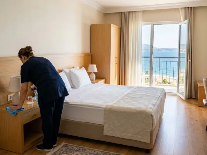 Mersin otel temizliği sırasında deniz manzaralı otel odasında yatağı düzenleyen görevli