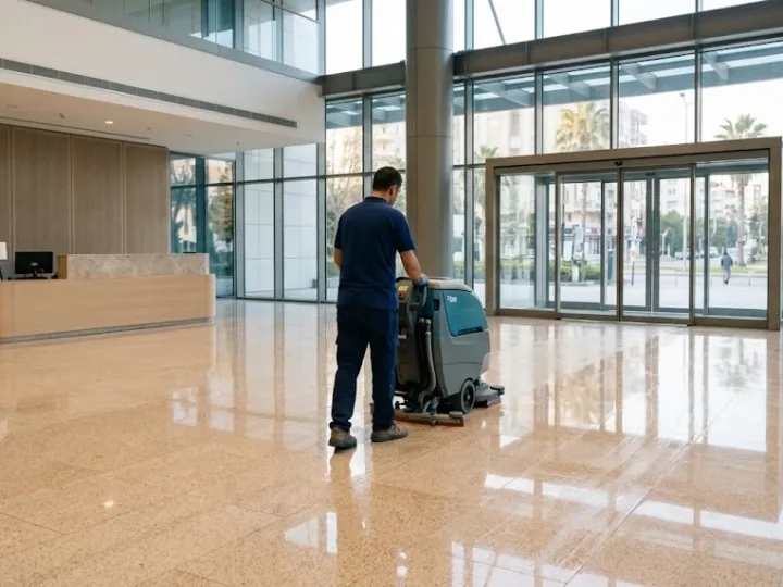 Mersin plaza temizliği sırasında aydınlık lobide granit zemini makineyle silen görevli