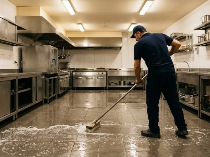 Mersin restoran temizliği sırasında kapanış sonrası mutfak zeminini fırçalayan görevli